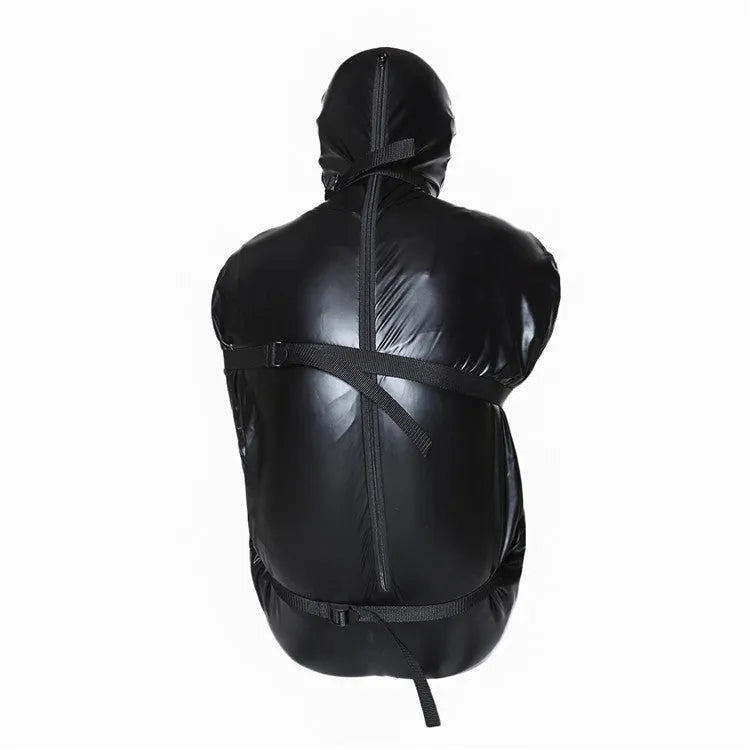 Black patent leather full coverage body restraint wrap with six ratchet tie down straps.
