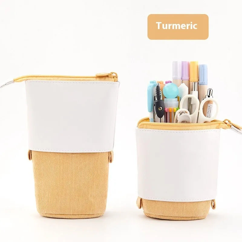 PU corduroy stationery case with drop-down telescopic design in six colour options.