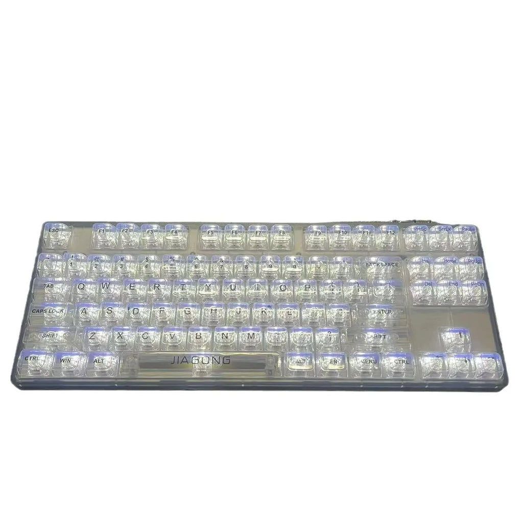 Transparent plastic keyboard key caps arranged as complete 132-key set for mechanical keyboard replacement