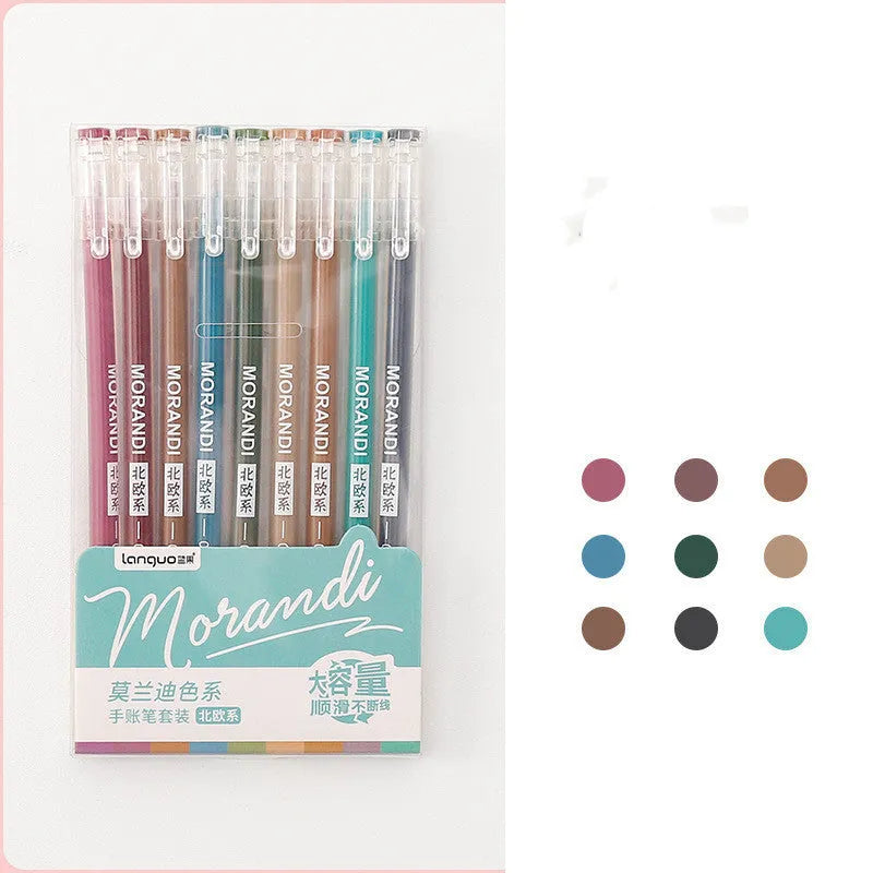 Set of nine retro colour gel pens with 0.5mm needle tips in plastic barrels