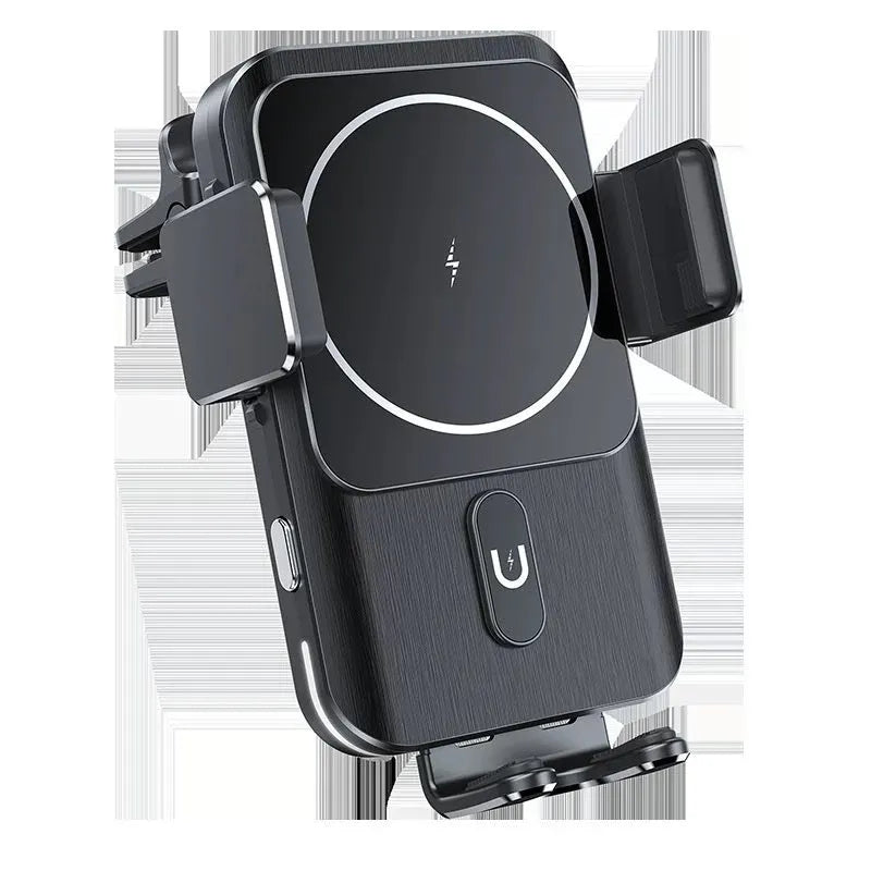Black car wireless charger phone holder with 15W fast charging, shown with clip and suction cup mounting options.