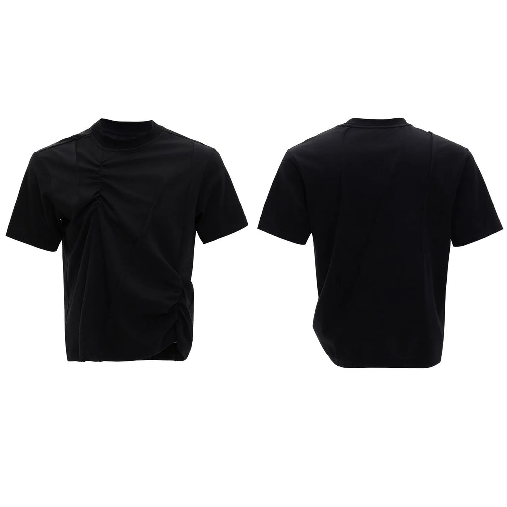 Men's grey loose-fit cotton t-shirt with three-dimensional pleats and a round neck.