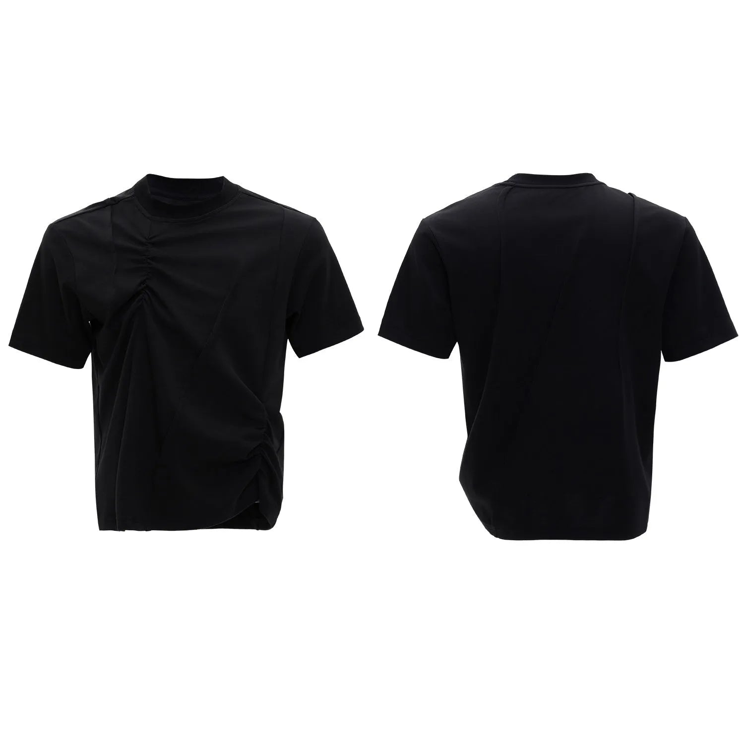 Men's grey loose-fit cotton t-shirt with three-dimensional pleats and a round neck.
