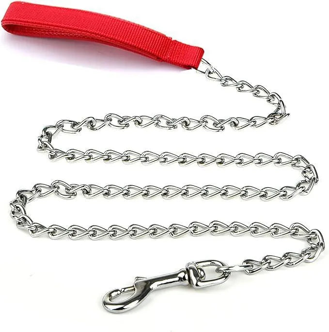 Heavy duty metal dog leash with soft padded handle in black, blue, or red colours