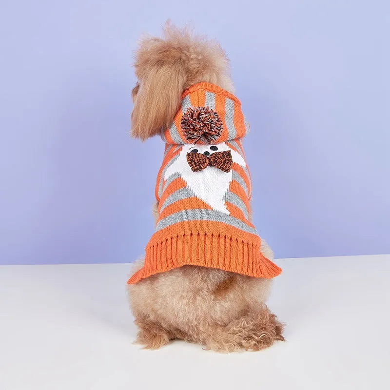 Orange Halloween pet sweater with contrast stripes, hood, and fur ball trim for dogs and cats