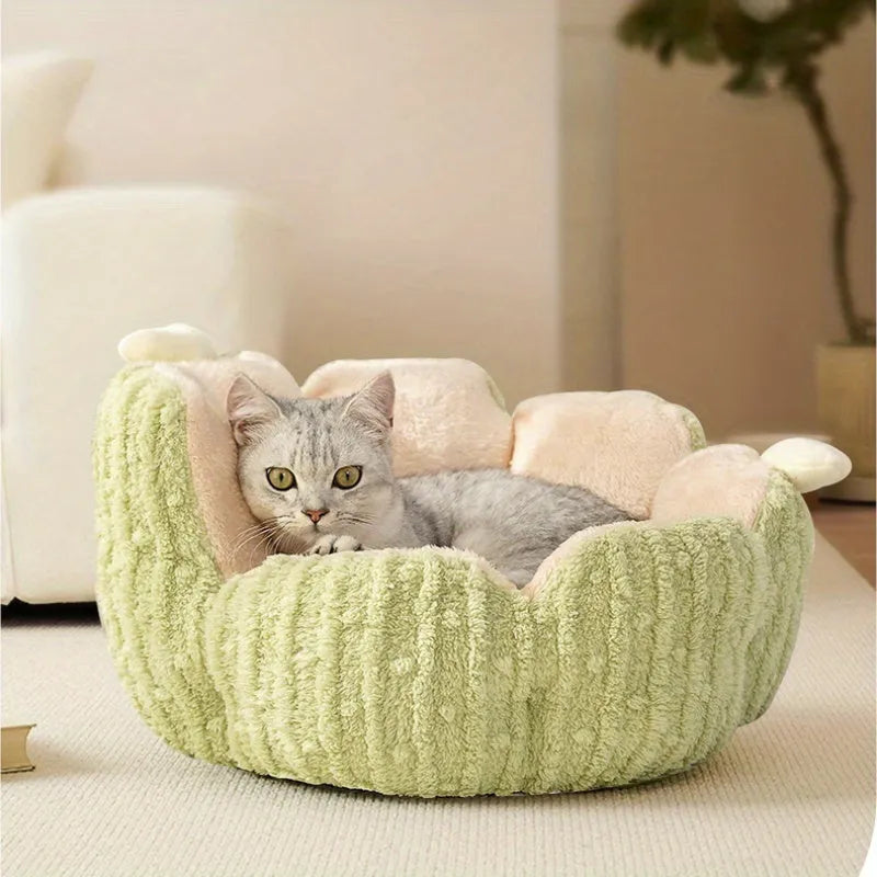 Soft cat litter kennel with removable cushion in green colour showing enclosed pet bed design