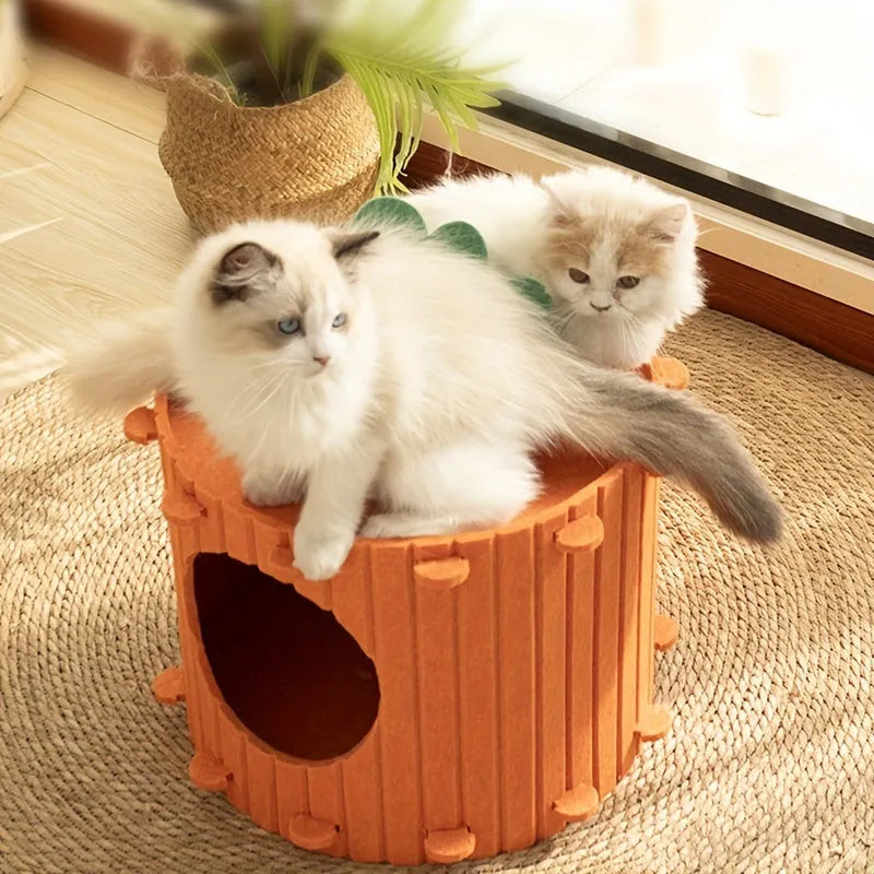 Carrot-shaped grey felt cat nest tunnel with a round entry hole, shown in medium and large sizes.