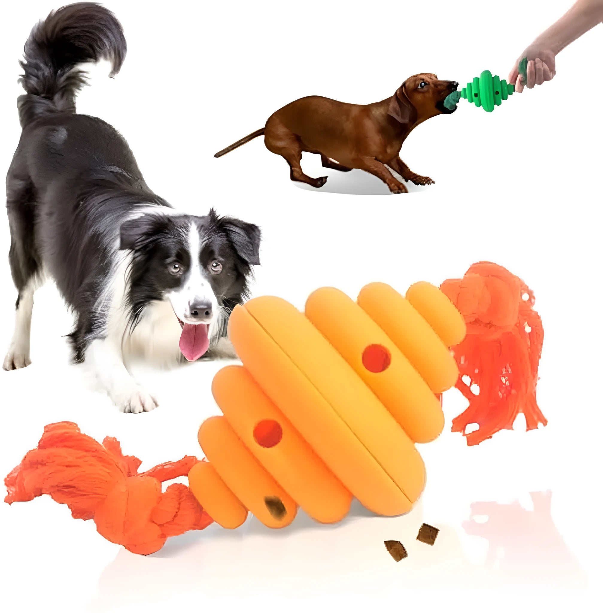 Green and yellow silicone dog ball with integrated rope, showing split spiral design for treat dispensing.