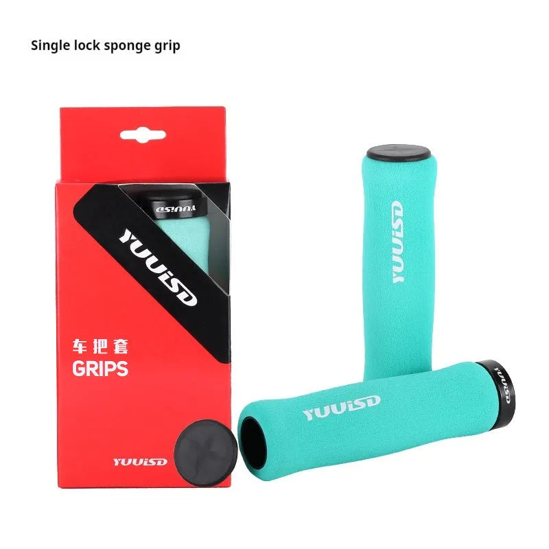 Pair of ultra-light 41g soft sponge mountain bike handlebar grips in black, purple, and biange colour options.