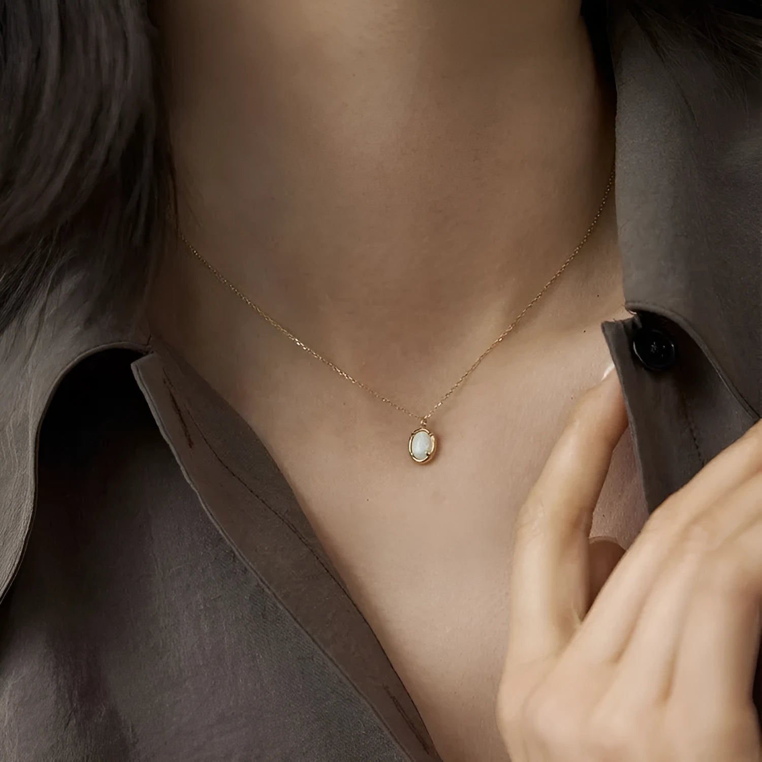 Geometric oval pendant necklace with jelly opal stone in silver setting with gold or white gold finish