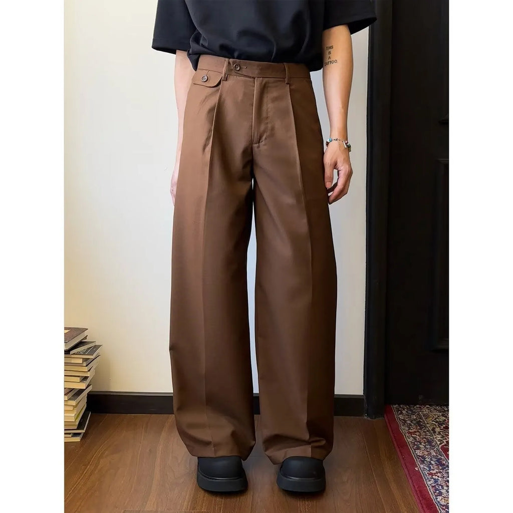 Men's straight-leg loose wide-leg casual suit trousers in black or brown colour.