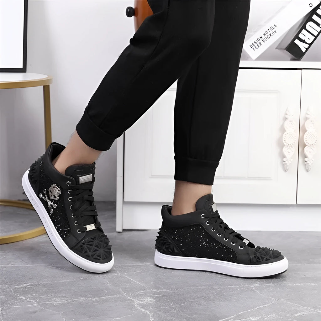 Men's black genuine leather high top skeleton shoes with lace-up closure and round toe