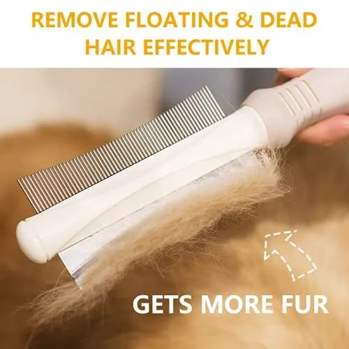 White double-sided pet grooming brush with comb and deshedding blade, featuring an ergonomic handle.