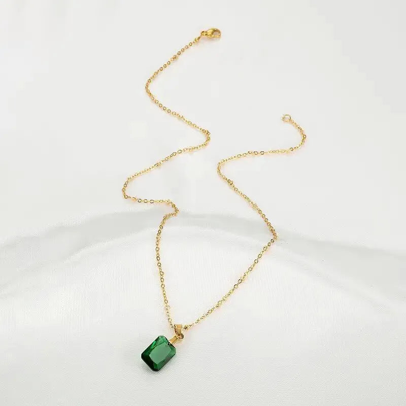 Copper geometric necklace with green rectangular pendant on O-ring chain