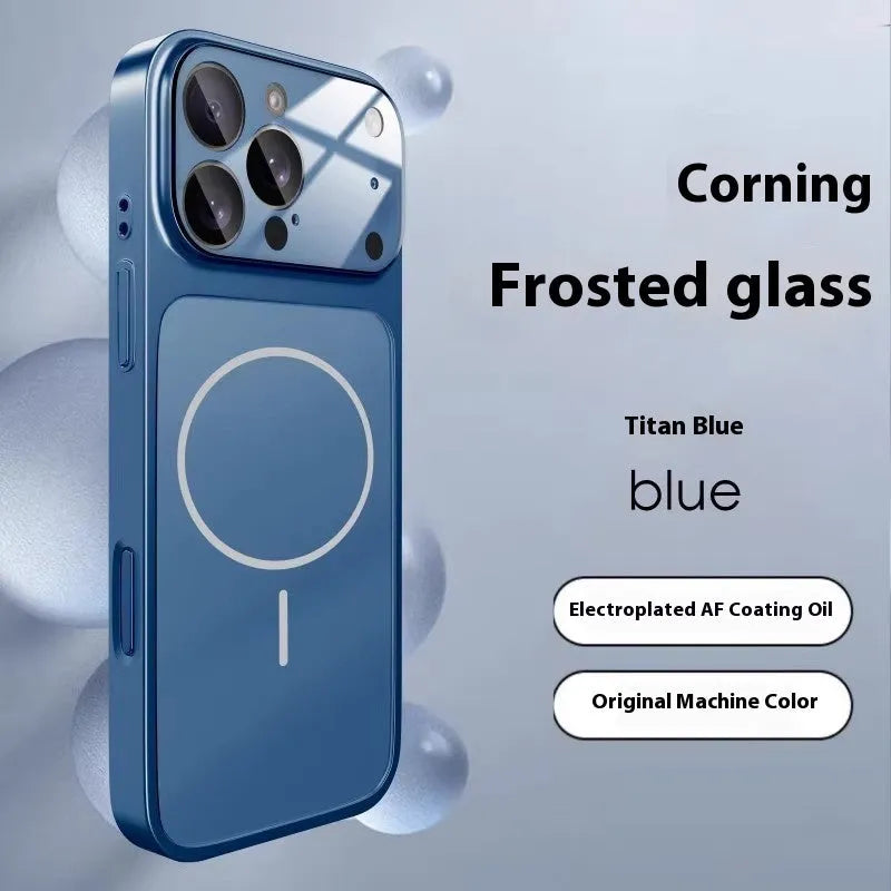 Magnetic tempered glass iPhone case in frosted finish showing Black, Orange, and Titanium Grey colour options