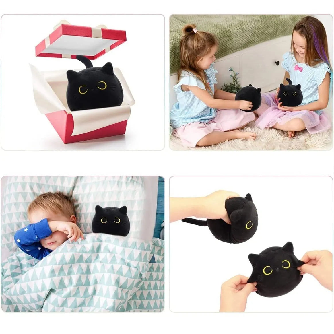 Black cat plush stuffed animal toy measuring 4 inches across