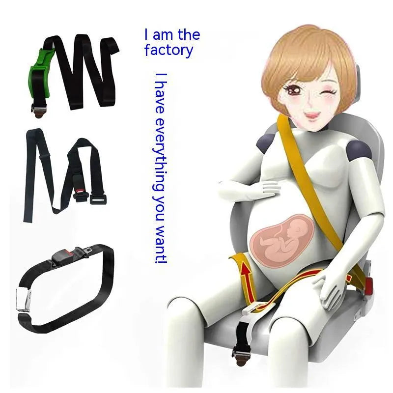 Black pregnancy safety belt with anti-strangulation design and metal buckle on adjustable ABS polyester strap