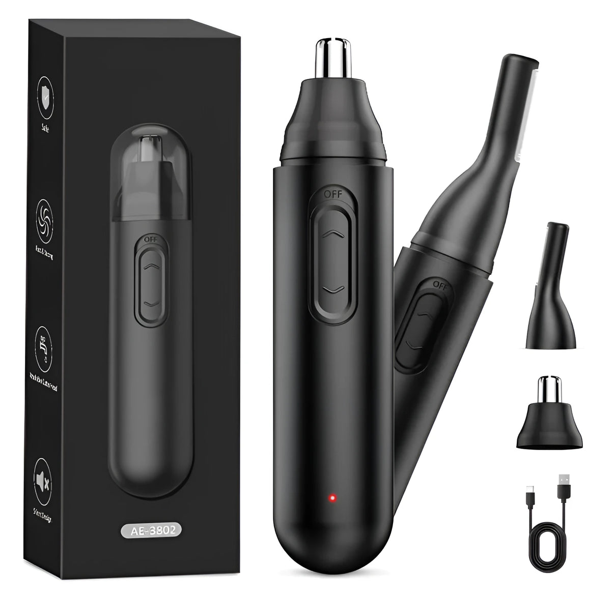 Black 2-in-1 rechargeable electric nose hair trimmer set with charging cable