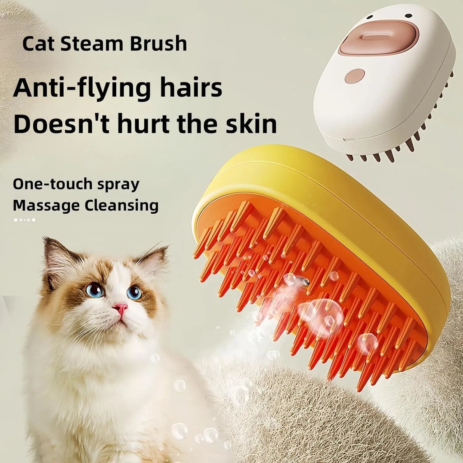 White and yellow rechargeable steam pet brush for dogs and cats on a table