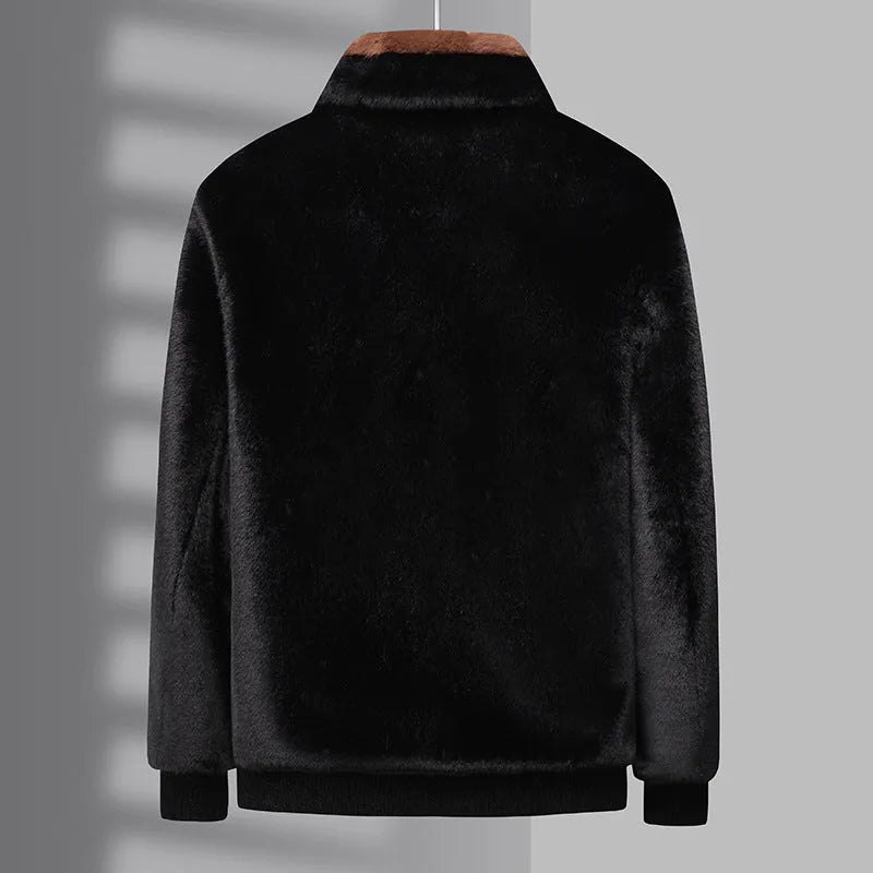 Men's black artificial fur winter jacket, city style, 50cm length, sizes M to 4XL