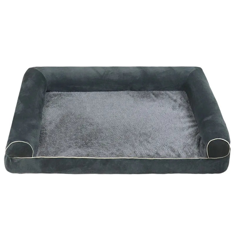 Square blue cloth dog bed with sponge filling, shown alongside dark grey, khaki, and beige colour options.