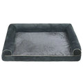 Square blue cloth dog bed with sponge filling, shown alongside dark grey, khaki, and beige colour options.