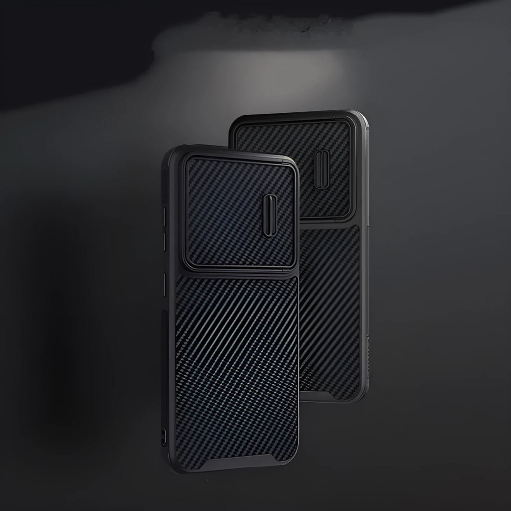 Black Samsung S23 phone case with lens cover, made from TPU, PC and carbon fibre.