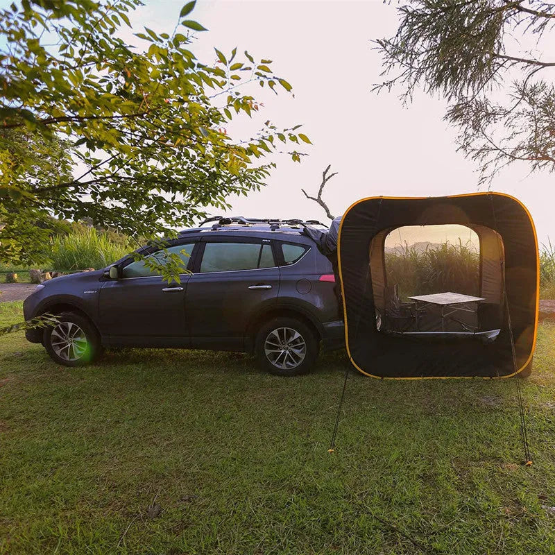 Black pop-up car tail tent with quick throw setup shown unfolded to 200x200x200cm dimensions