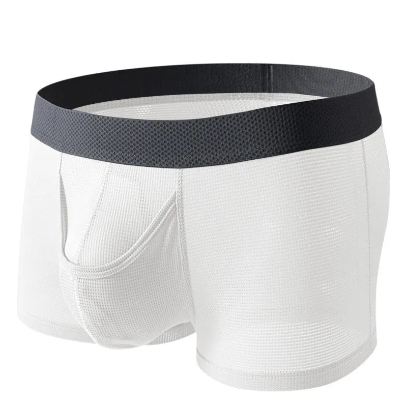 Men's solid colour ice silk boxer shorts on a white background, showing low waist design.