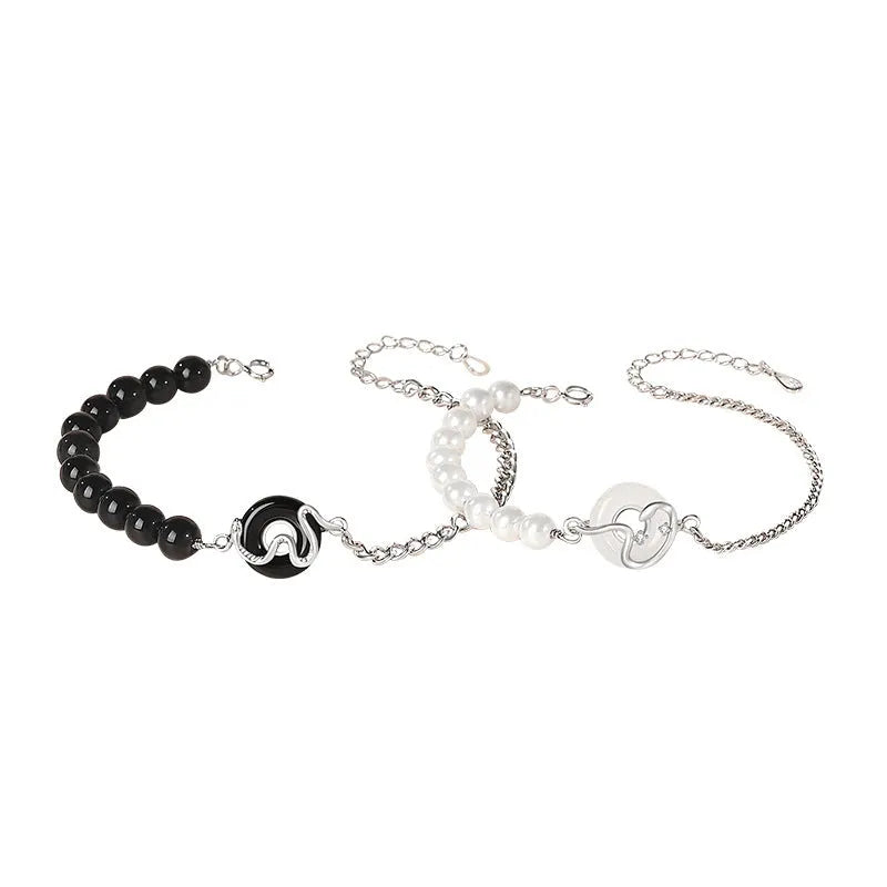 925 sterling silver Chinese obsidian pearl bracelet with safe buckle closure showing animal zodiac snake design