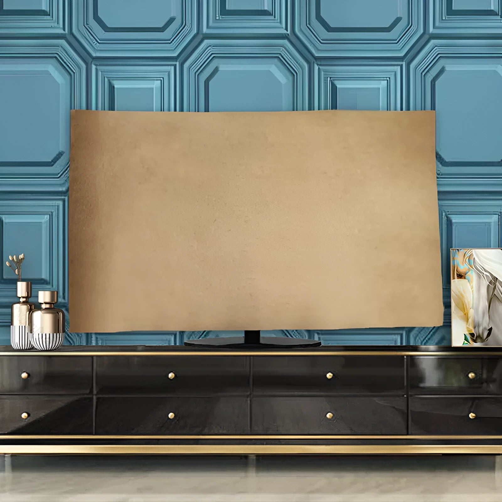 Velvet fabric TV cover towel in various colours draped over a television.
