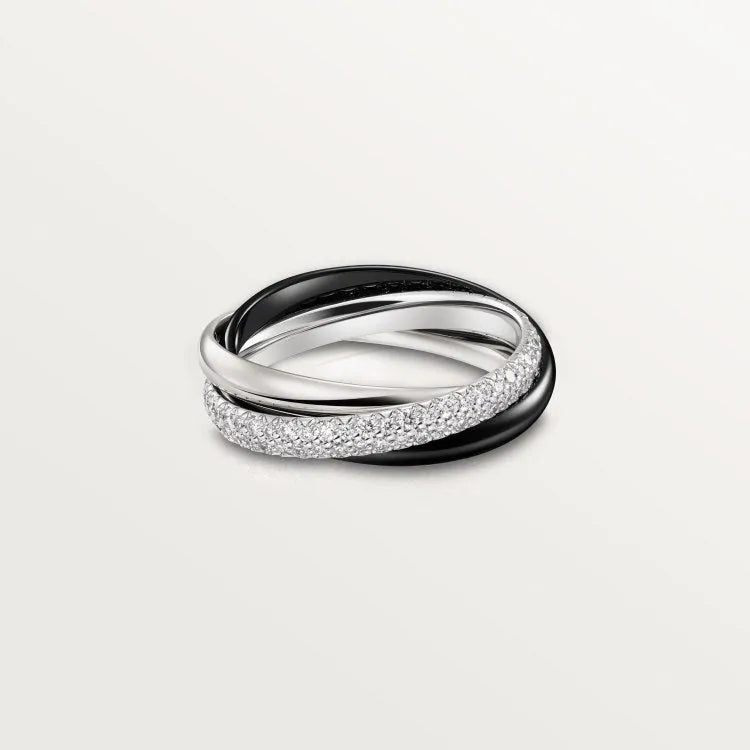 Geometric U-shaped silver couple ring set with full diamond and plain finish options on a size chart.