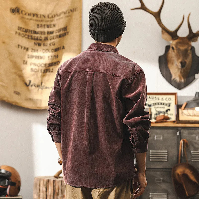 Men's retro-style corduroy casual jacket in red, shown in a loose long-sleeved fit.
