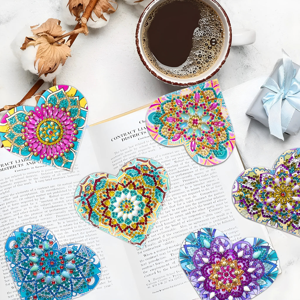Six PU leather handmade bookmarks with crystal flower cornerite designs