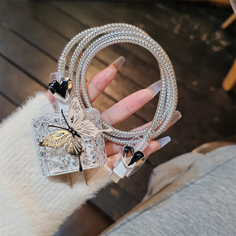 Three-dimensional butterfly USB cable protection sleeve for Apple 20W power adapter with silver foil square sleeve