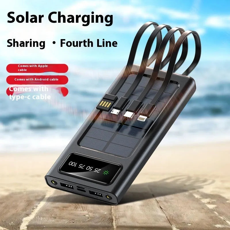 Solar power bank with integrated cable showing 20000mAh capacity and solar panel in black plastic case