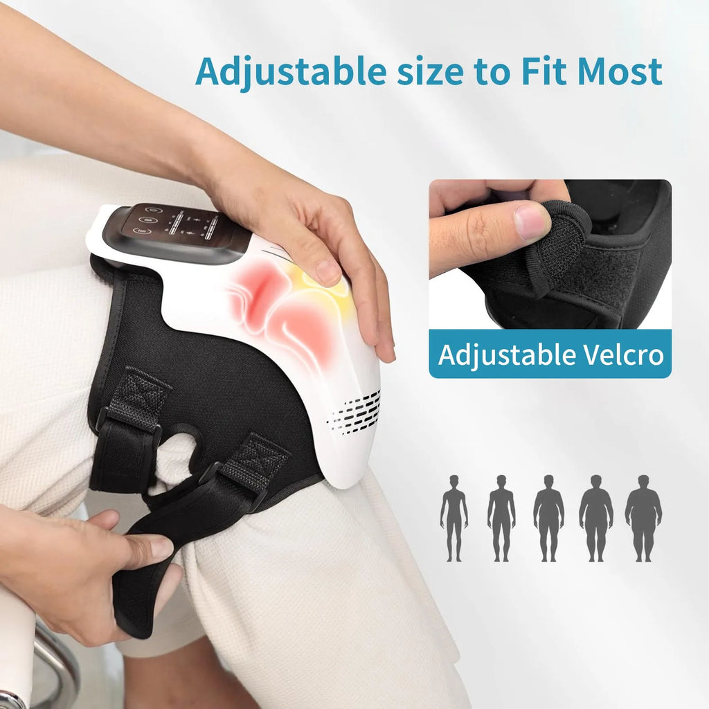 White electric knee massager showing flexible design with control panel and USB charging port