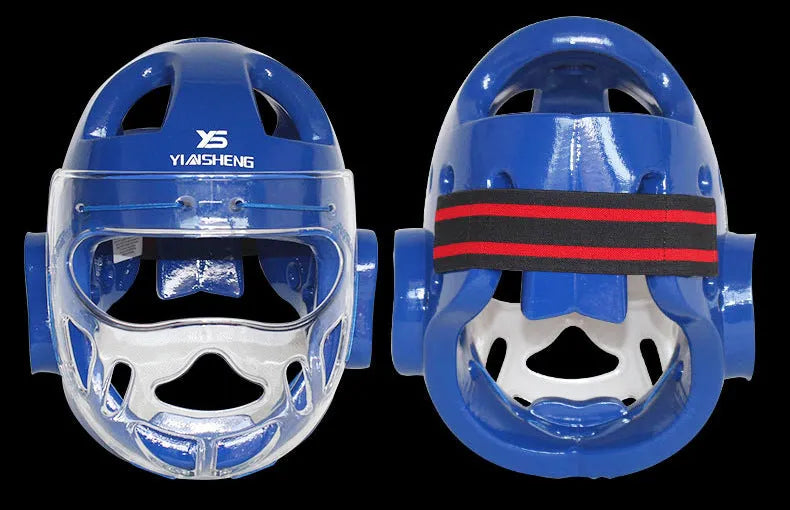 A blue, red, or white karate helmet for boxing head protection, shown in sizes S, M, L, and XL.