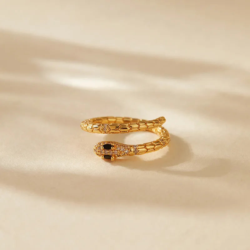 Snake-shaped adjustable index finger ring with gold plating and open mouth design