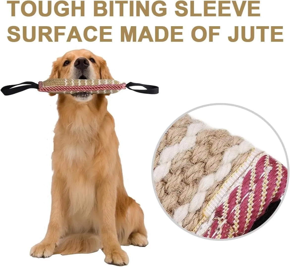 Beige jute dog tug toy with two handles, measuring 30cm long for interactive training