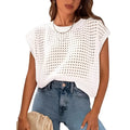 White loose-fit crochet knit sweater with round neckline on hanger
