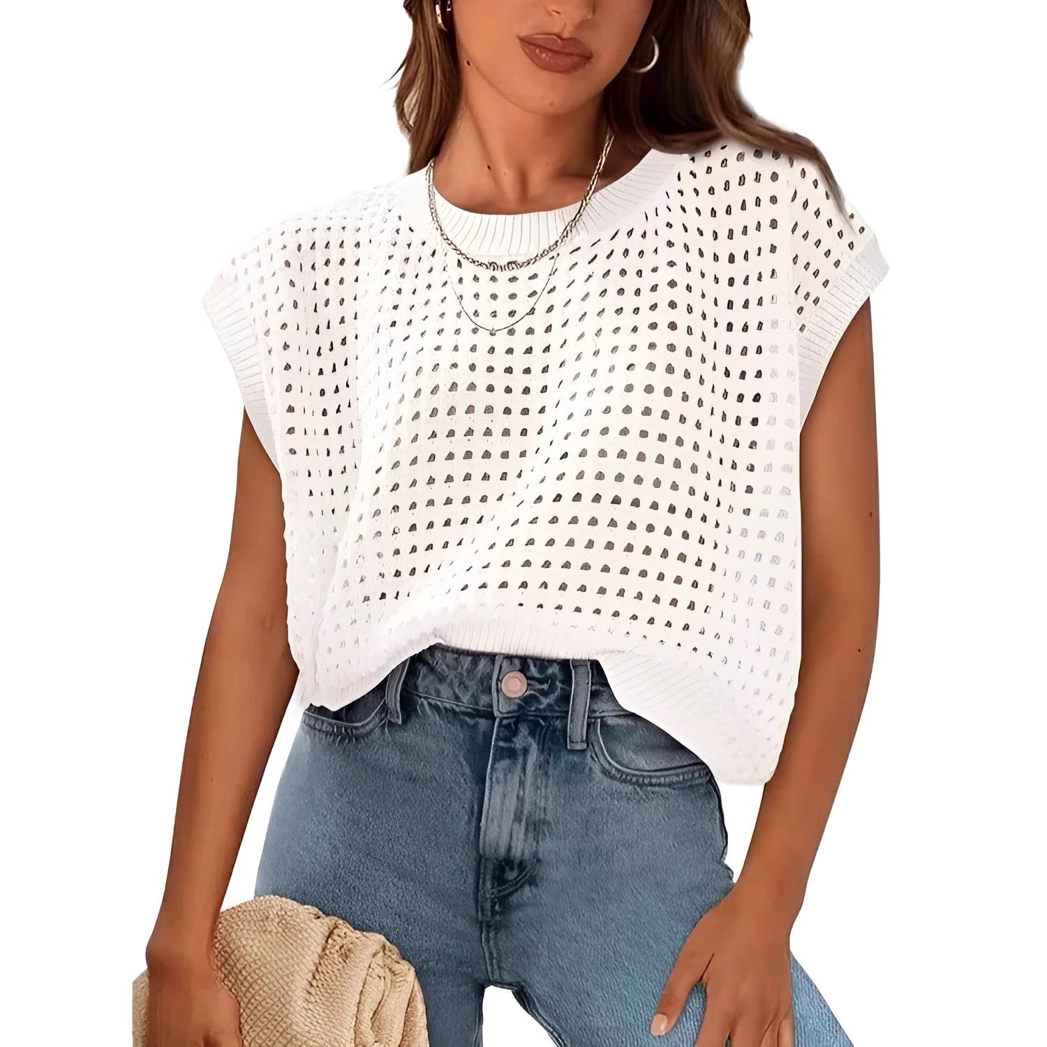 White loose-fit crochet knit sweater with round neckline on hanger