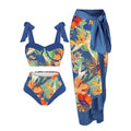 Women's printed split swimsuit three-piece set showing skirt, bra and panties in polyester fabric