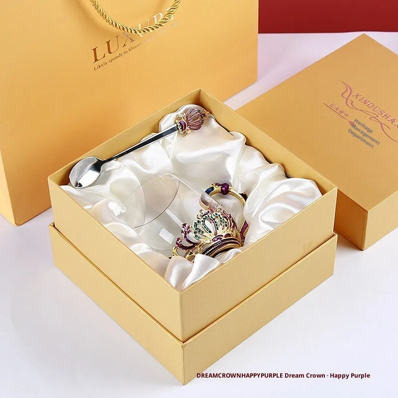 Heat-Resistant Glass Tea Cup with Enamel Spoon and Lid | 301-400ml Capacity | Round Single Layer Cup with Saucer and Gift Box | Solid Colour Short Cup or High Cup Style Options for Tea Drinking and Gift Giving
