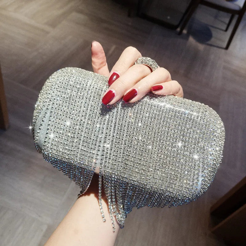 Silver ladies fringed hand bag with shiny diamond embellishments and clasp closure on a plain background
