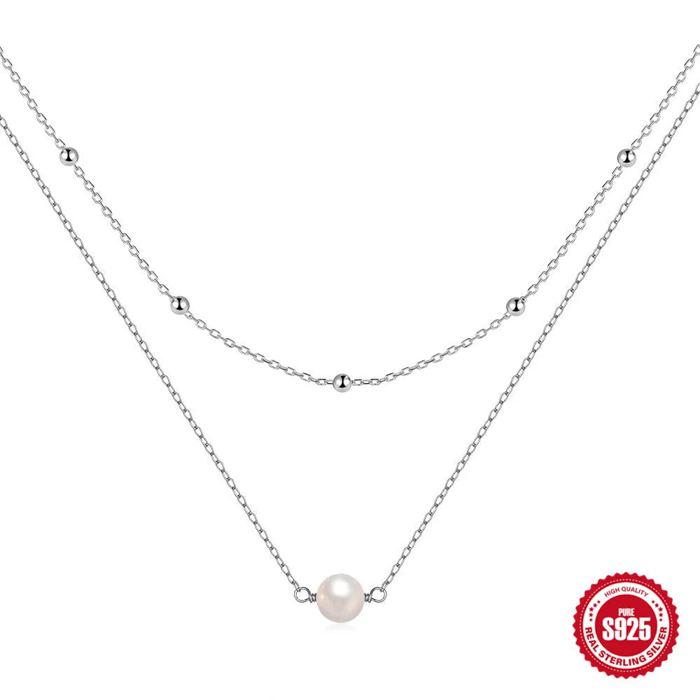 S925 sterling silver double layer pearl necklace with ball bead chain in gold colour option
