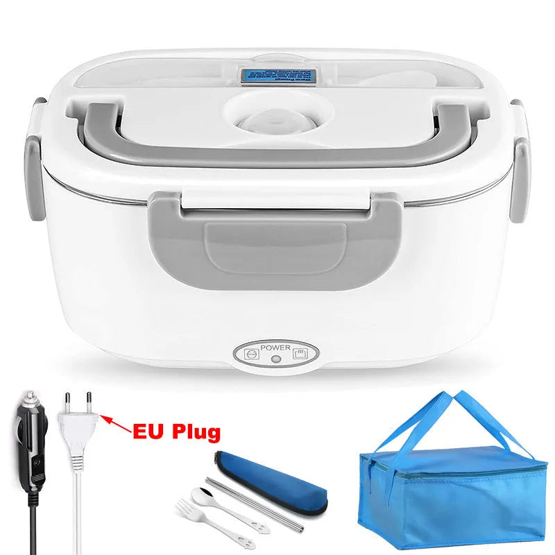 Grey dual-power electric lunch box with 1.1 litre capacity for car and home use.