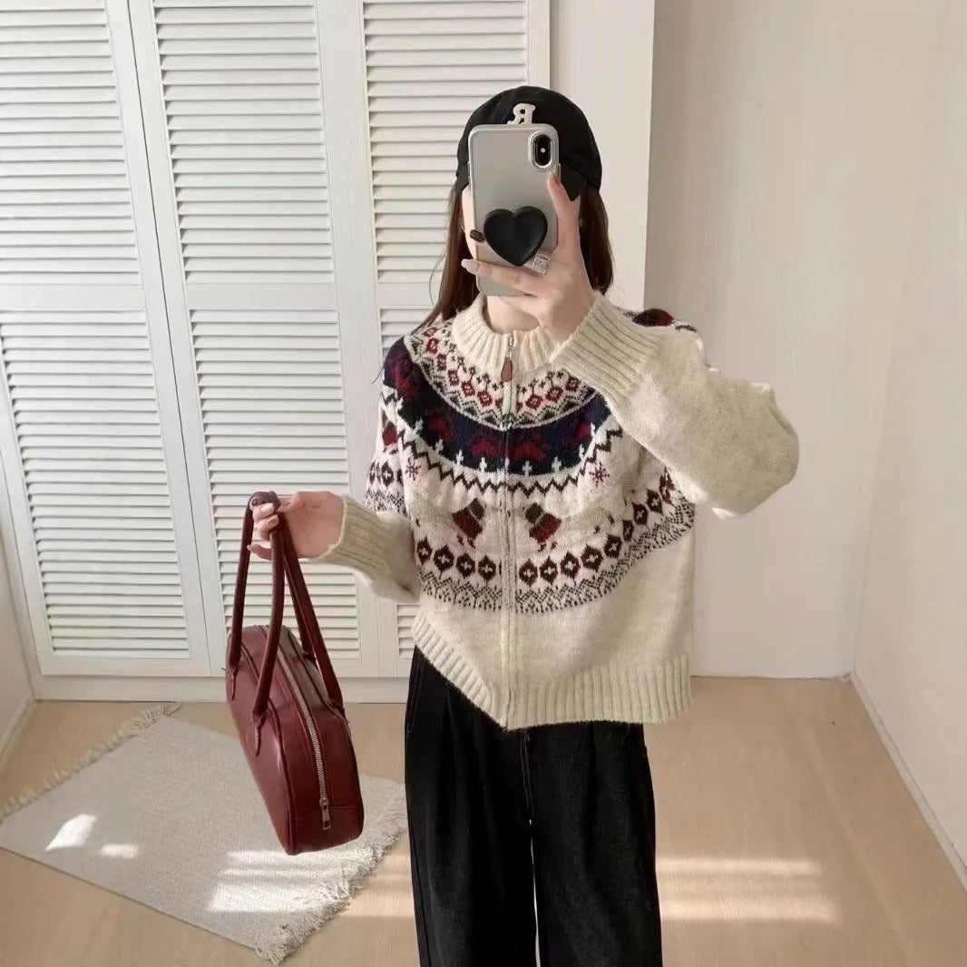 Ethnic style heavy industry jacquard pullover sweater with 3D pattern in apricot beige colour