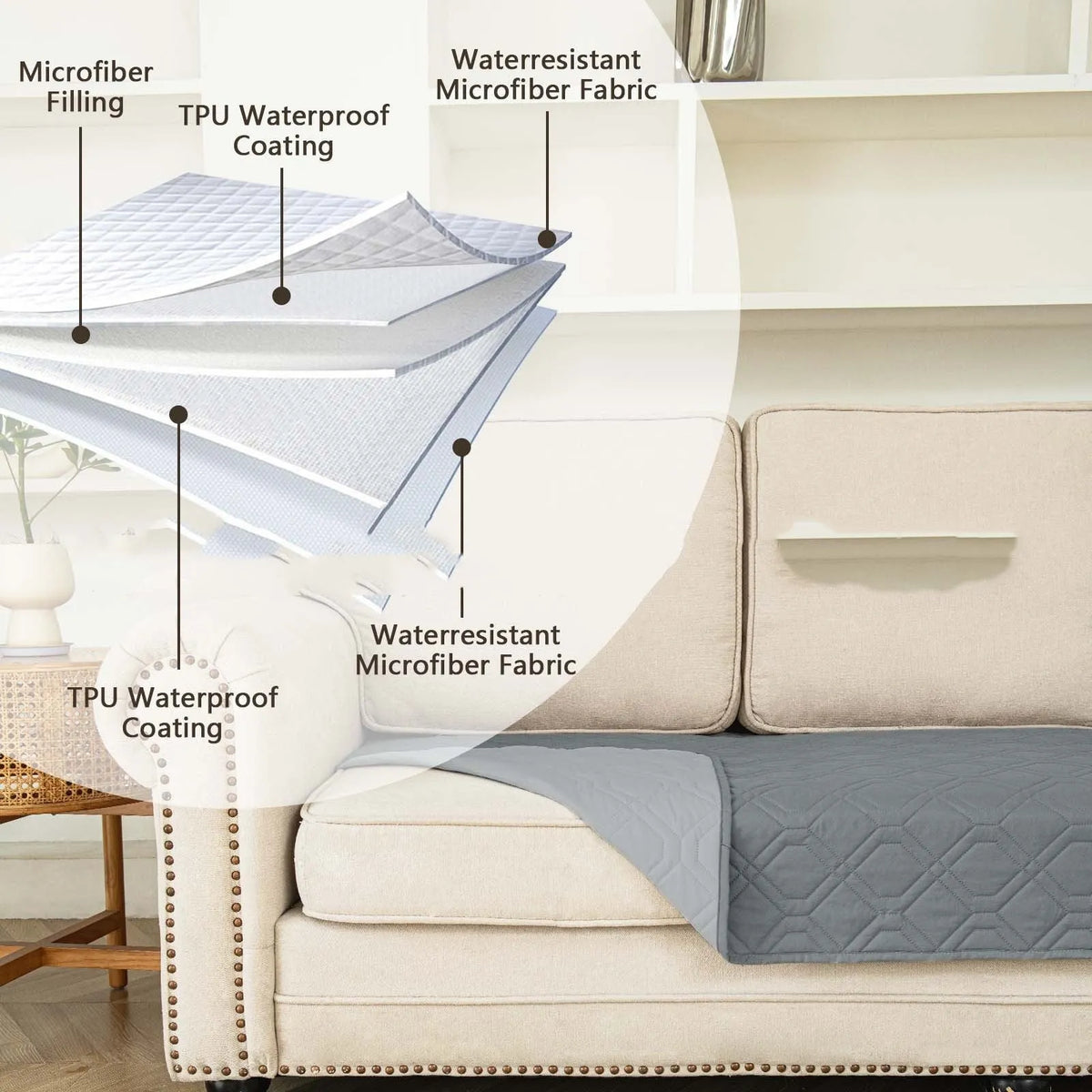 Reversible waterproof dog cushion on a sofa in dark grey and light grey contrast colours.