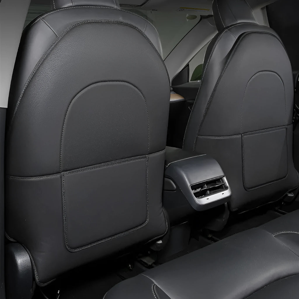 Black leather rear anti-kick pad for car seats measuring 68cm by 42cm